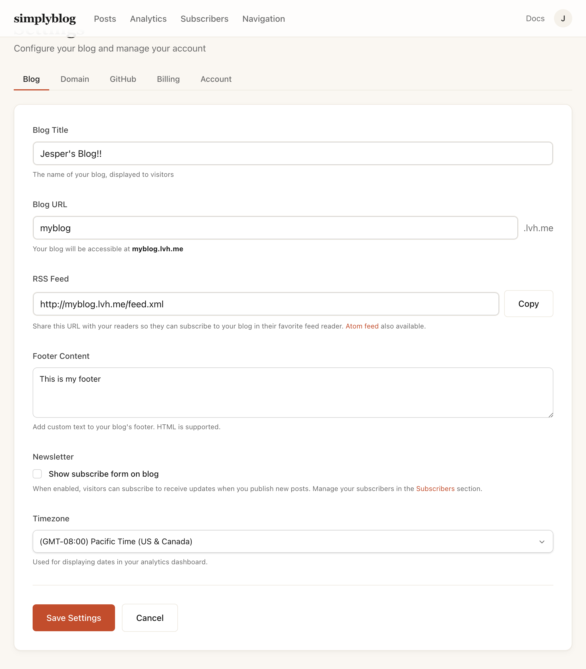 Blog settings interface