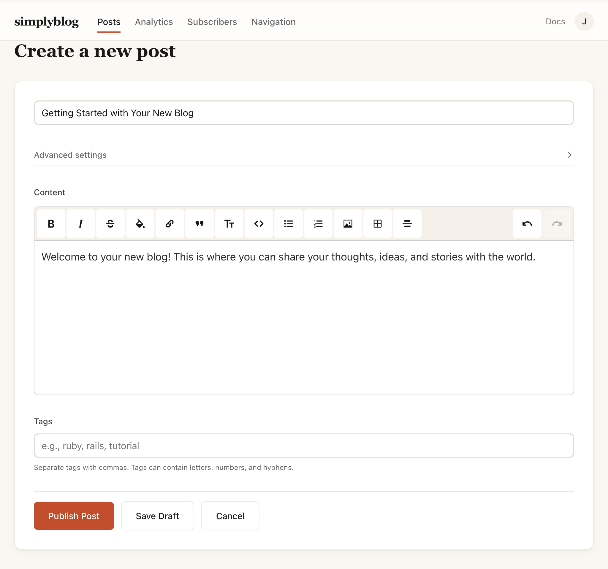 Post editor interface